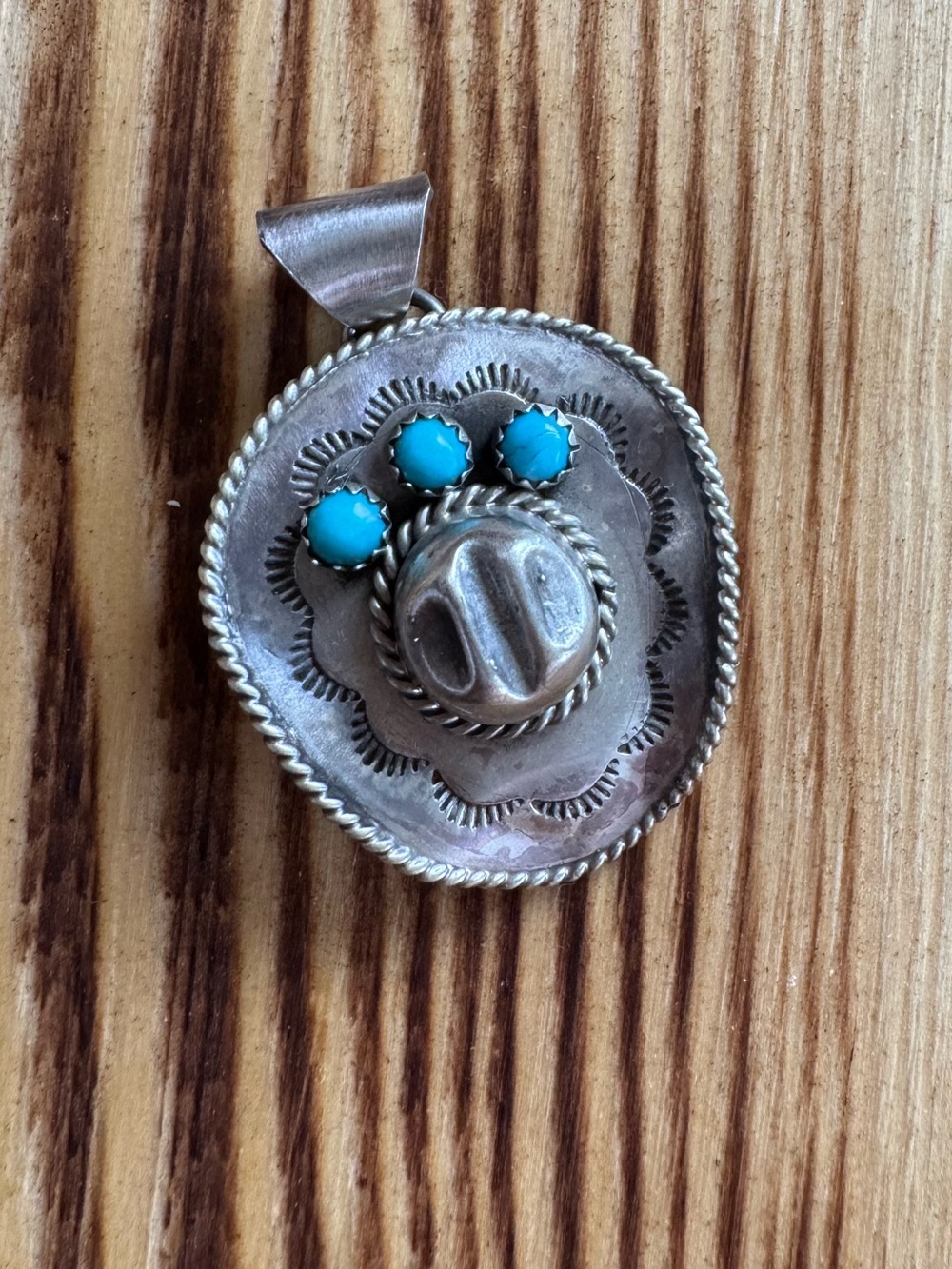 Native American Turquoise Accent Sterling Silver Cowboy Hat Pendant